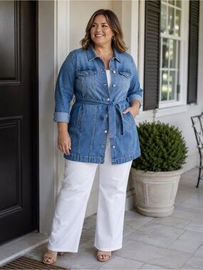 Susan Graver Jean Jacket Blue Denim Stretch Button Down Belted